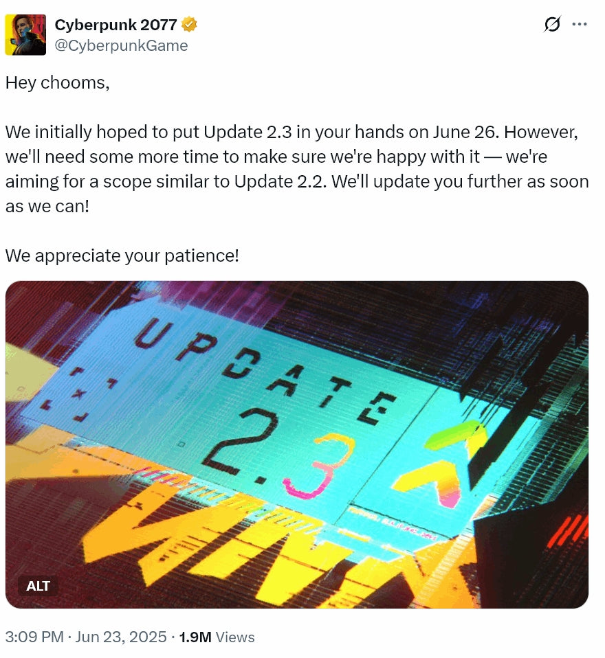 CD Projekt Red Postpones Cyberpunk 2077 Patch 2.3