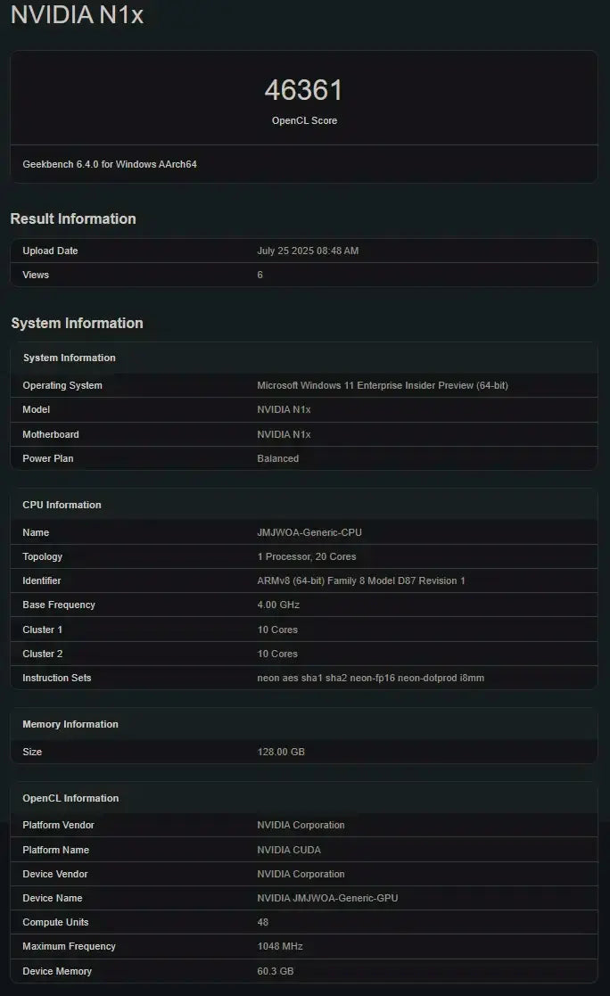 NVIDIA N1X Leak Geekbench Specs Revealed