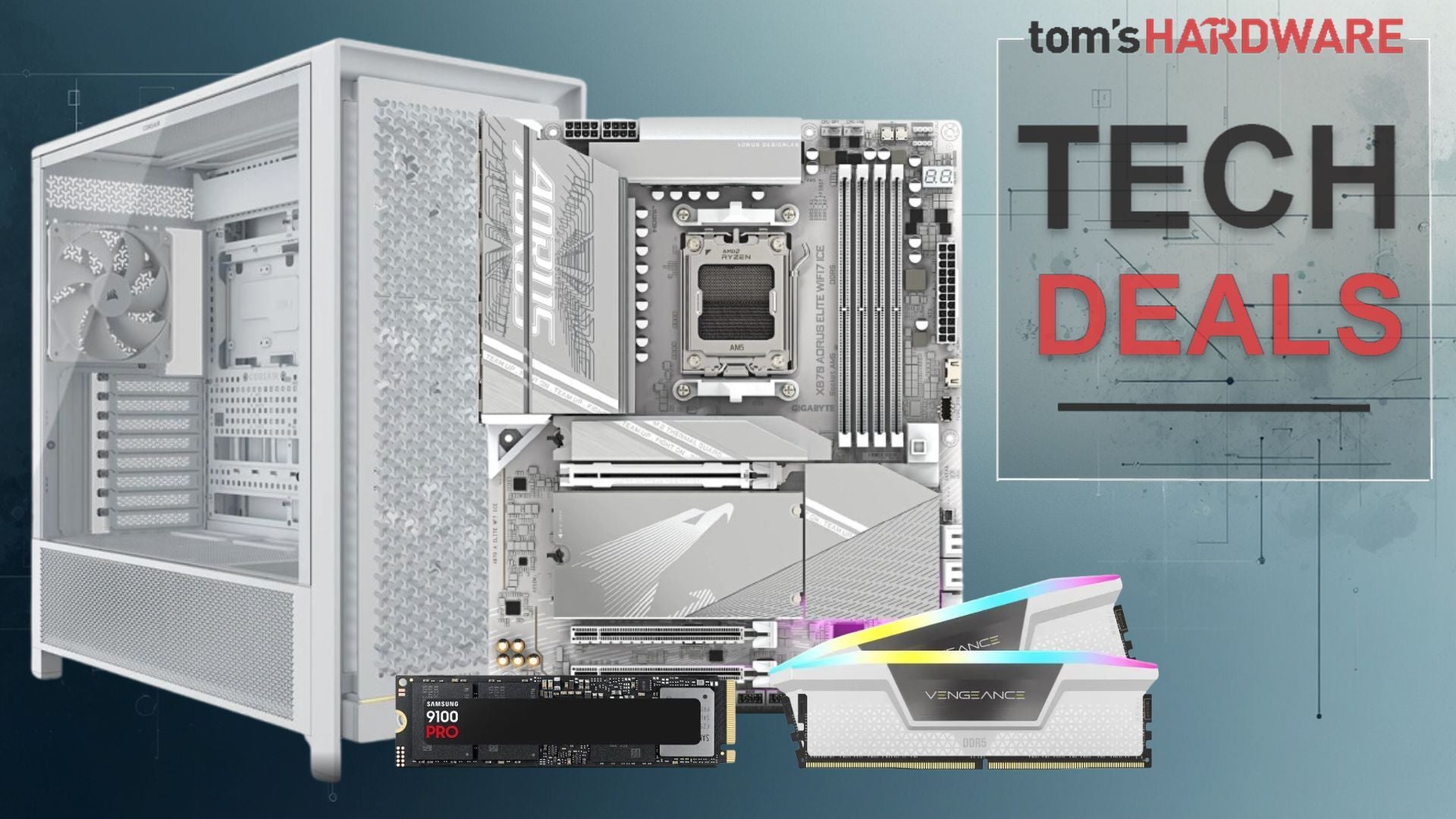 Pay $611 for 64GB of Corsair Vengeance RAM and Samsung's 2TB PCIe Gen 5 9100 Pro when paired with a Gigabyte X870 Auros Elite motherboard and Corsair Frame 5000D case — matching colors for a pure white build