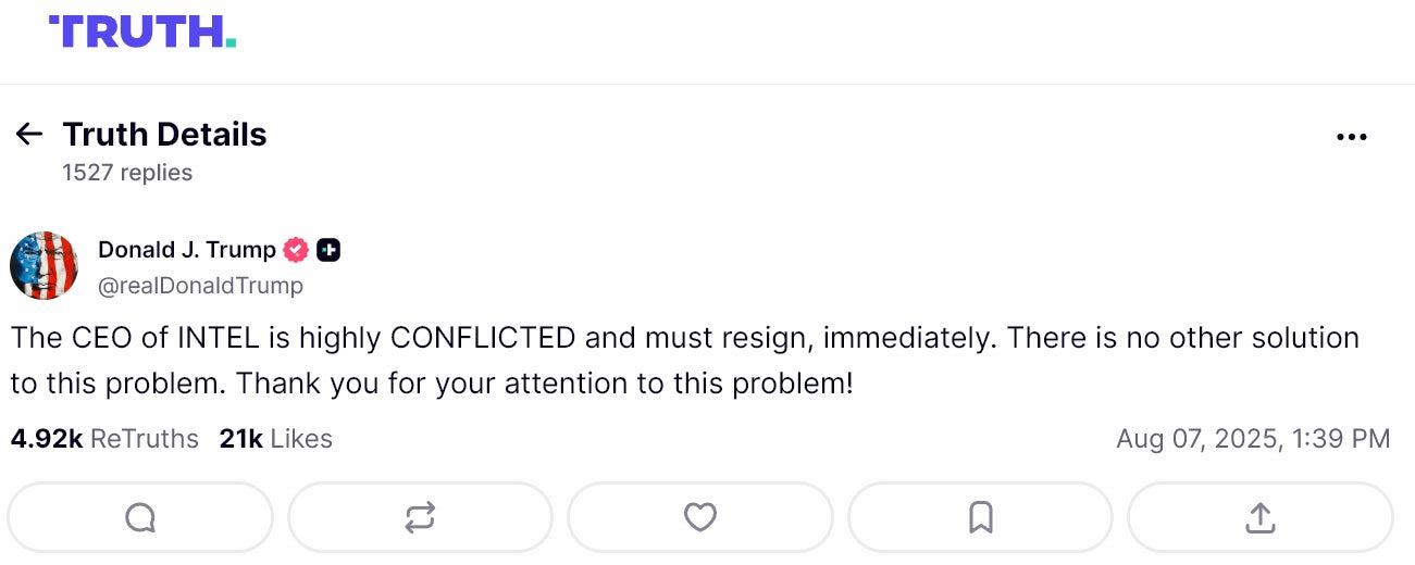 US President Calls for Immediate Resignation of Intel CEO Lip-Bu Tan