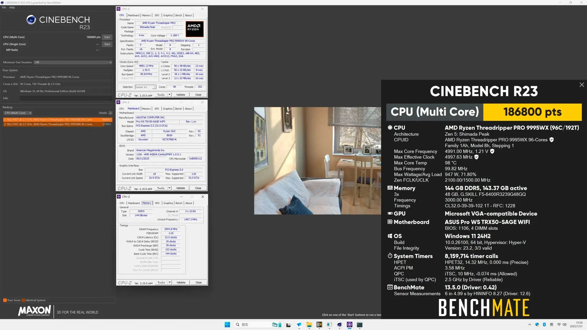 AMD Threadripper PRO 9995WX Overclocked to all-core 5 GHz: 186,800 Cinebench R23 Score