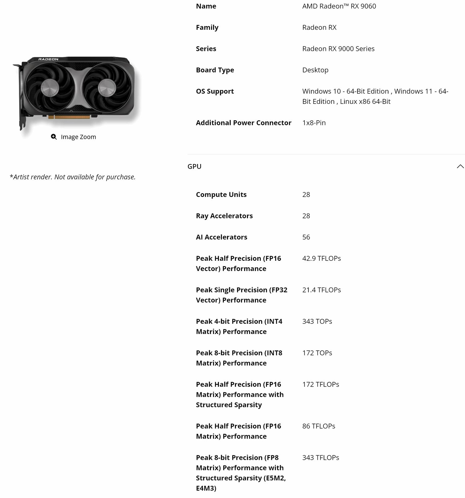 Radeon RX 9060 non-XT Official Launch Details (8 GB GDDR6 18 Gbps Memory / 132 W TBP)