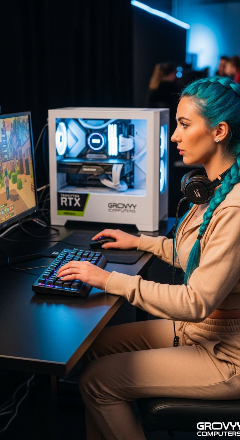 Vibrant Gamer Girl in Champagne Activewear with Blue Fishtail Braid & RGB Gaming Rig | Elevate Your Play with Premium Gear & Flexible Financing at GroovyComputers.ca