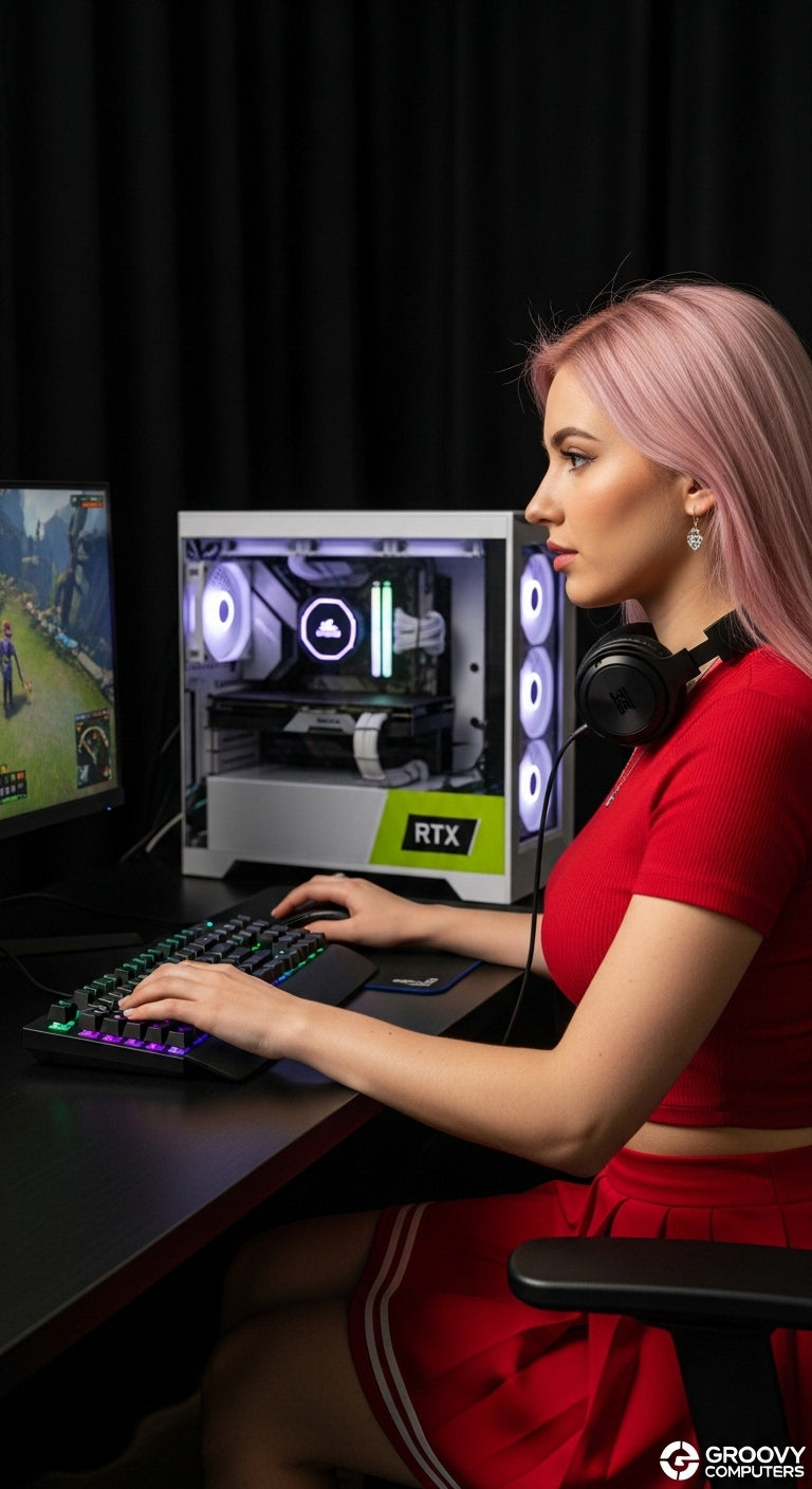 Vibrant Gamer Girl with Custom RGB PC and Ultrawide Monitor | Stylish & Powerful Gaming Setup | Built by Groovy Computers | Elevate Your Play Today!