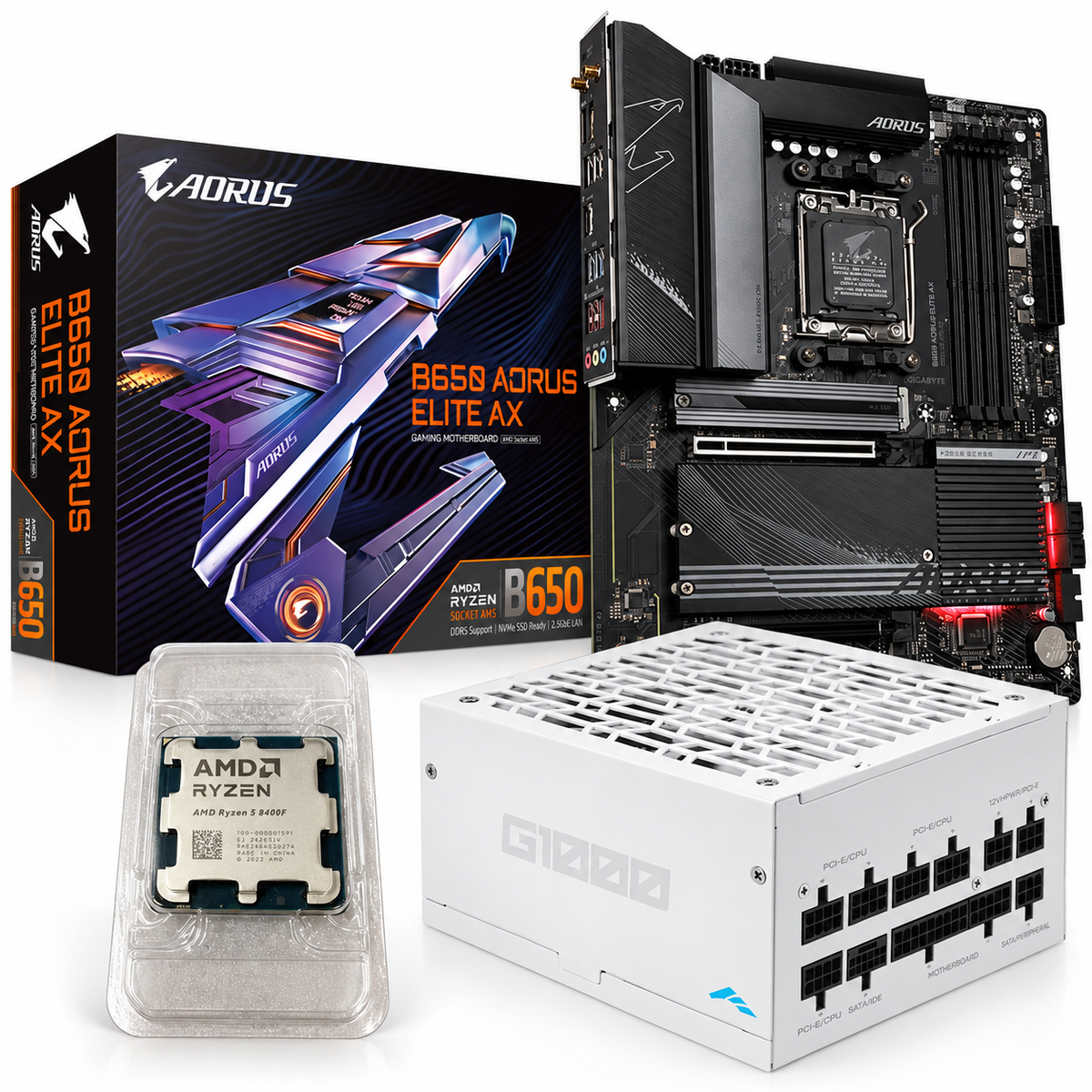 Ryzen 5 8400F + B650 AORUS Elite AX + SAMA White 1000W Bundle