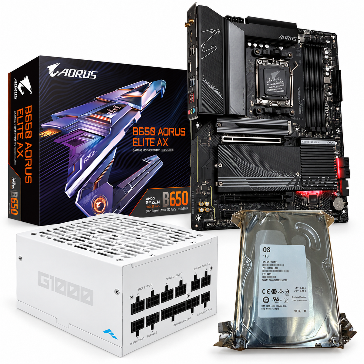 B650 AORUS Elite AX + SAMA White 1000W + Seagate 1TB Bundle