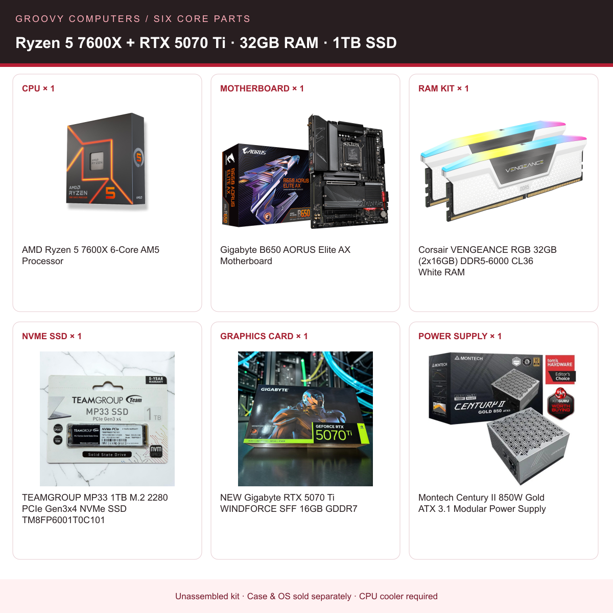 Gaming & Streaming Core Parts Bundle | Ryzen 5 7600X + RTX 5070 Ti | 32GB RAM | 1TB SSD — all six included components