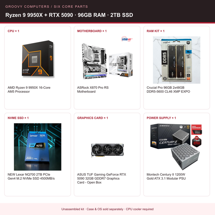Local AI & Creator Core Parts Bundle | Ryzen 9 9950X + RTX 5090 | 96GB RAM | 2TB SSD — all six included components