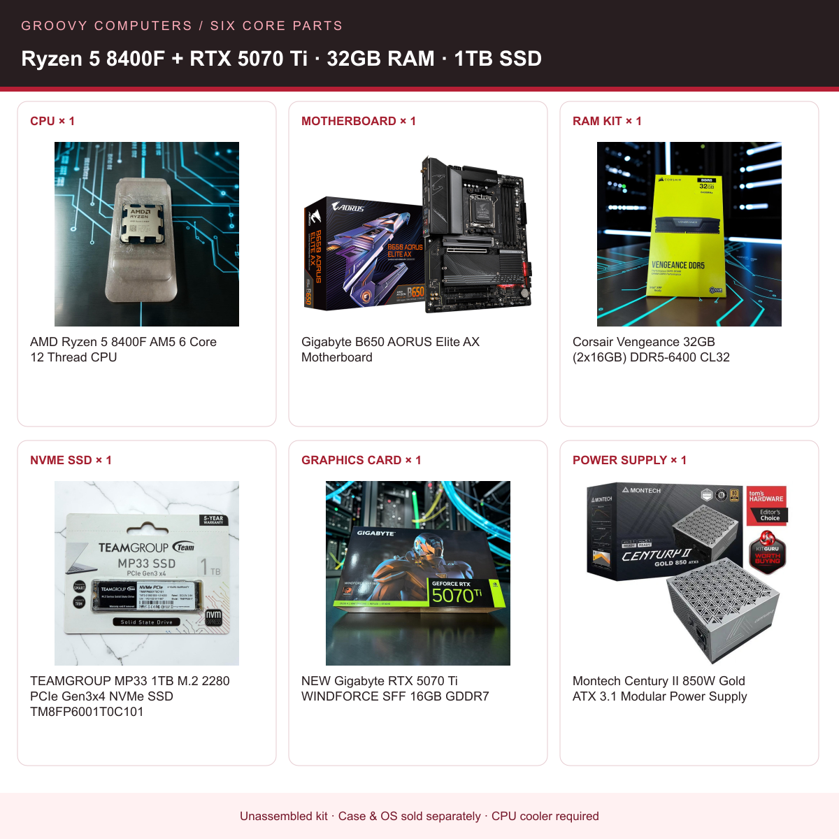 AM5 Gaming Starter Core Parts Bundle | Ryzen 5 8400F + RTX 5070 Ti | 32GB RAM | 1TB SSD — all six included components