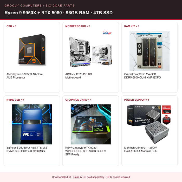CPU Rendering & Production Core Parts Bundle | Ryzen 9 9950X + RTX 5080 | 96GB RAM | 4TB SSD — all six included components