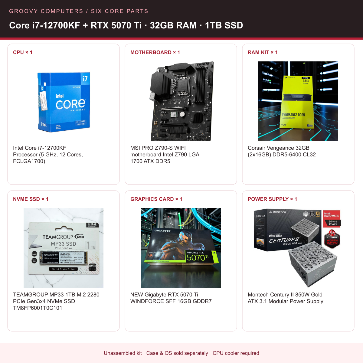 Intel Gaming & Streaming Core Parts Bundle | Core i7-12700KF + RTX 5070 Ti | 32GB RAM | 1TB SSD — all six included components