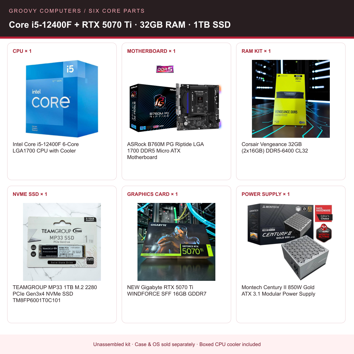 1440p Gaming Foundation Core Parts Bundle | Core i5-12400F + RTX 5070 Ti | 32GB RAM | 1TB SSD — all six included components