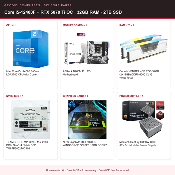 Gaming Library & Streaming Core Parts Bundle | Core i5-12400F + RTX 5070 Ti OC | 32GB RAM | 2TB SSD — all six included components