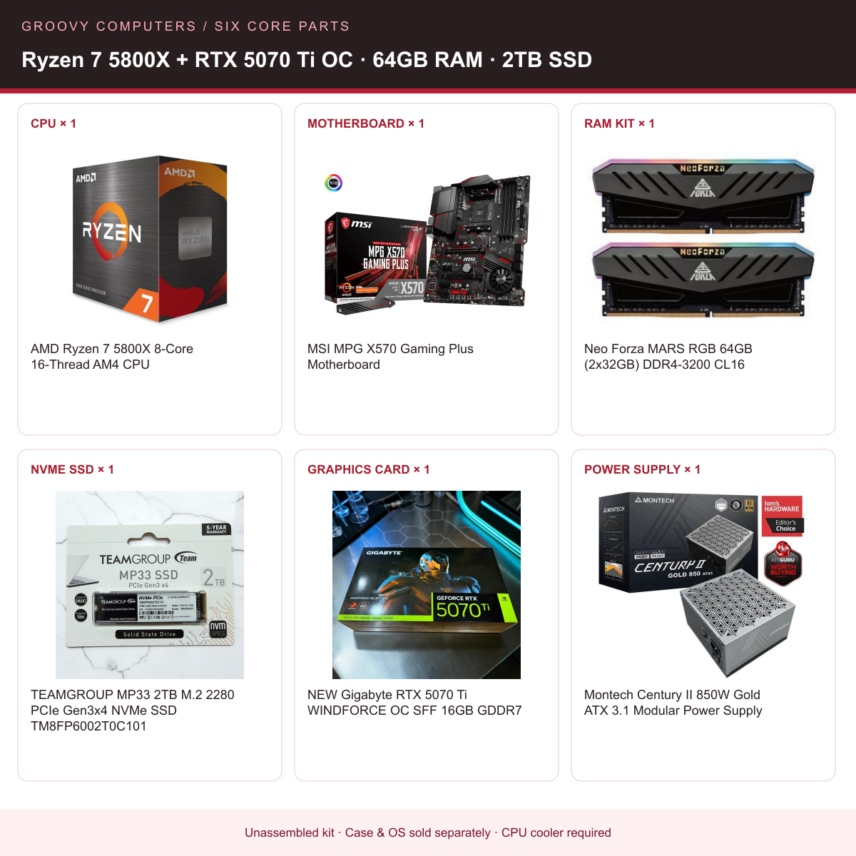 AM4 Photo & Gaming Core Parts Bundle | Ryzen 7 5800X + RTX 5070 Ti OC | 64GB RAM | 2TB SSD — all six included components