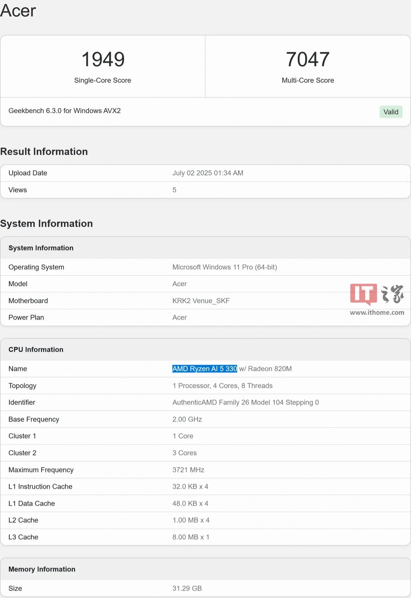 Ryzen AI 5 330 Processor Features Quad-Core + Radeon 820M GPU  (Benchmark Results)