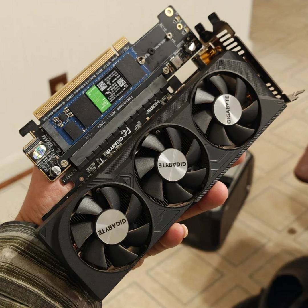 This cheap PCIe extension adds an M.2 slot while maintaining low-profile GPU compatibility