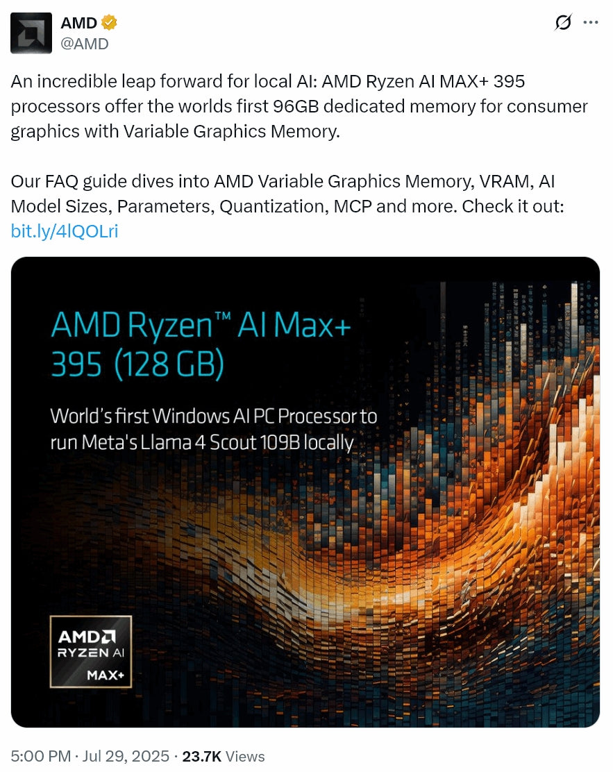 AMD Ryzen AI MAX+ 395 Enables Native Llama 4 Scout 109B on Consumer GPUs