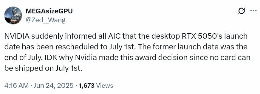 NVIDIA RTX 5050 Desktop Graphics Card Sales Start July 1, 2025