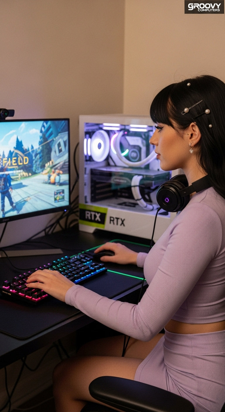 Stylish Canadian Gaming Setup: White Gamer Girl with Groovy Computers RGB PC, Stream-Ready, Pastel Vibe, Custom-Built Performance, Flexible Financing—Upgrade Your Gaming Experience Today!