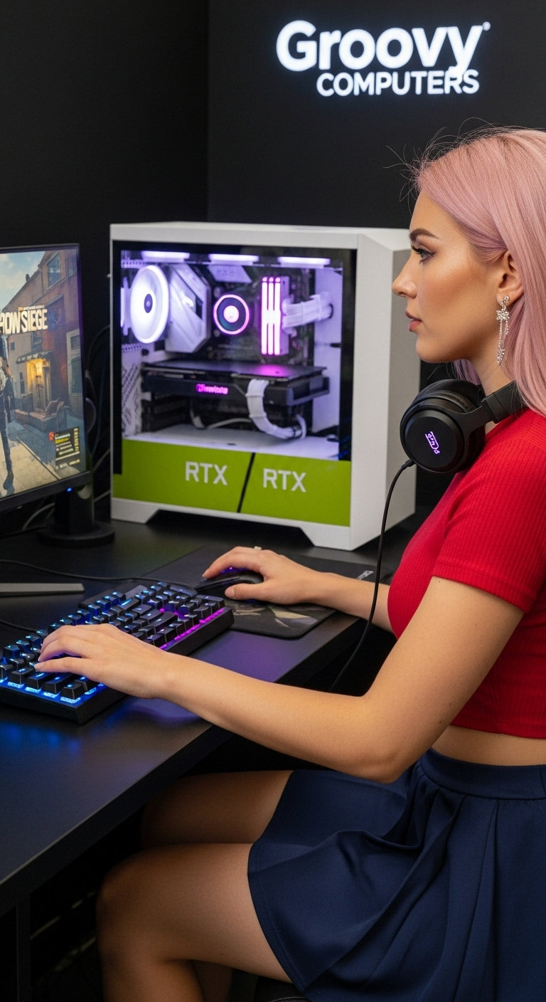 Level up your gaming with a sleek Rainbow Six Siege-ready PC, stylish gamer girl setup, and flexible financing options—from Groovy Computers! Elevate your game today.
