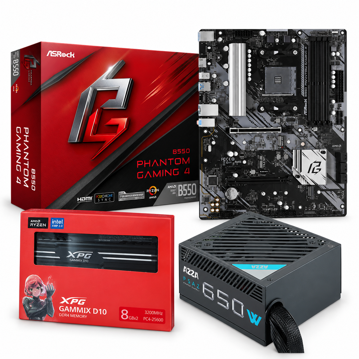 ASRock B550 Phantom Gaming 4 + XPG 16GB + AZZA 650W Bundle