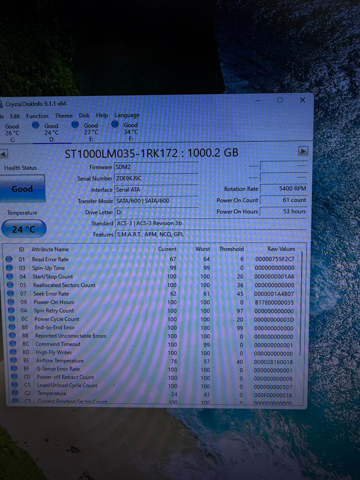 Seagate Mobile 1TB HDD 2.5" Open Box | 100% Health 0 Bad Sectors See Pics