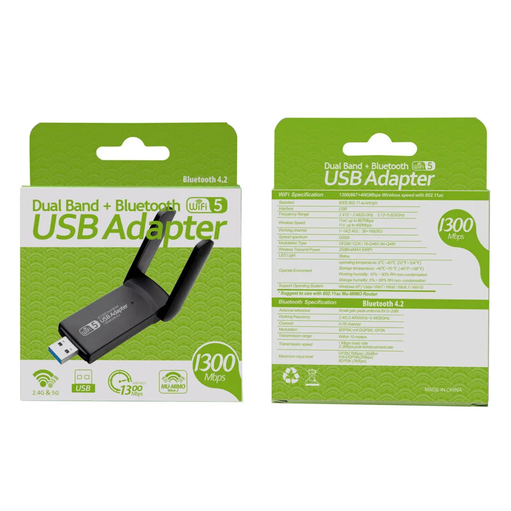 GroovyStream Fusion 1300mb/ps, WIFI 5 + Bluetooth 4.2 USB Adapter