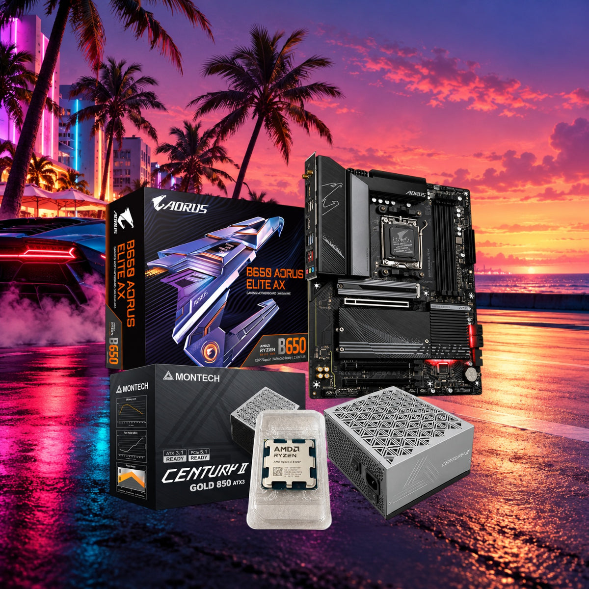 Ryzen 5 8400F + B650 AORUS Elite AX + Montech 850W Bundle — Groovy Computers product artwork