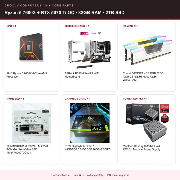 1440p Streaming Core Parts Bundle | Ryzen 5 7600X + RTX 5070 Ti OC | 32GB RAM | 2TB SSD — all six included components