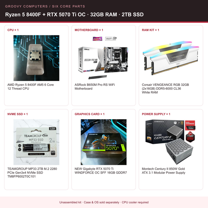 Gaming & Capture Core Parts Bundle | Ryzen 5 8400F + RTX 5070 Ti OC | 32GB RAM | 2TB SSD — all six included components
