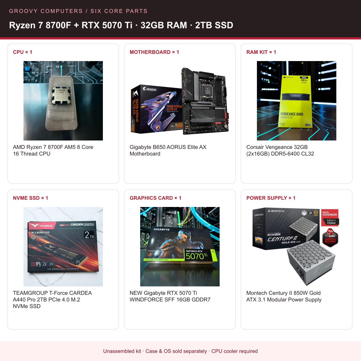 Streaming & Multitasking Core Parts Bundle | Ryzen 7 8700F + RTX 5070 Ti | 32GB RAM | 2TB SSD — all six included components