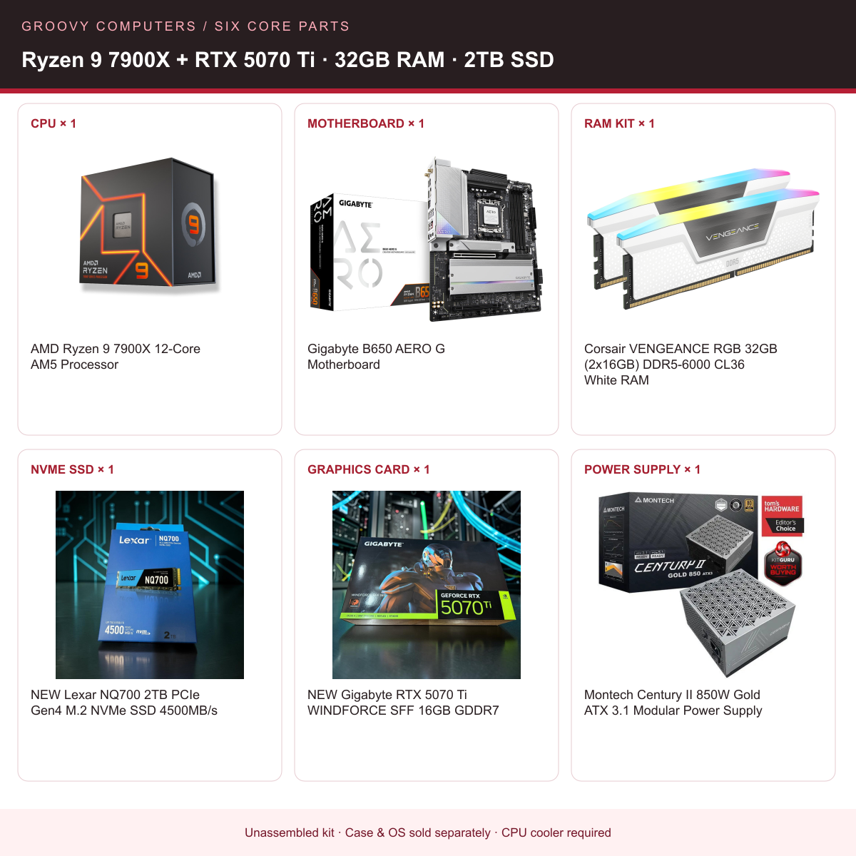 Photo Editing & Design Core Parts Bundle | Ryzen 9 7900X + RTX 5070 Ti | 32GB RAM | 2TB SSD — all six included components