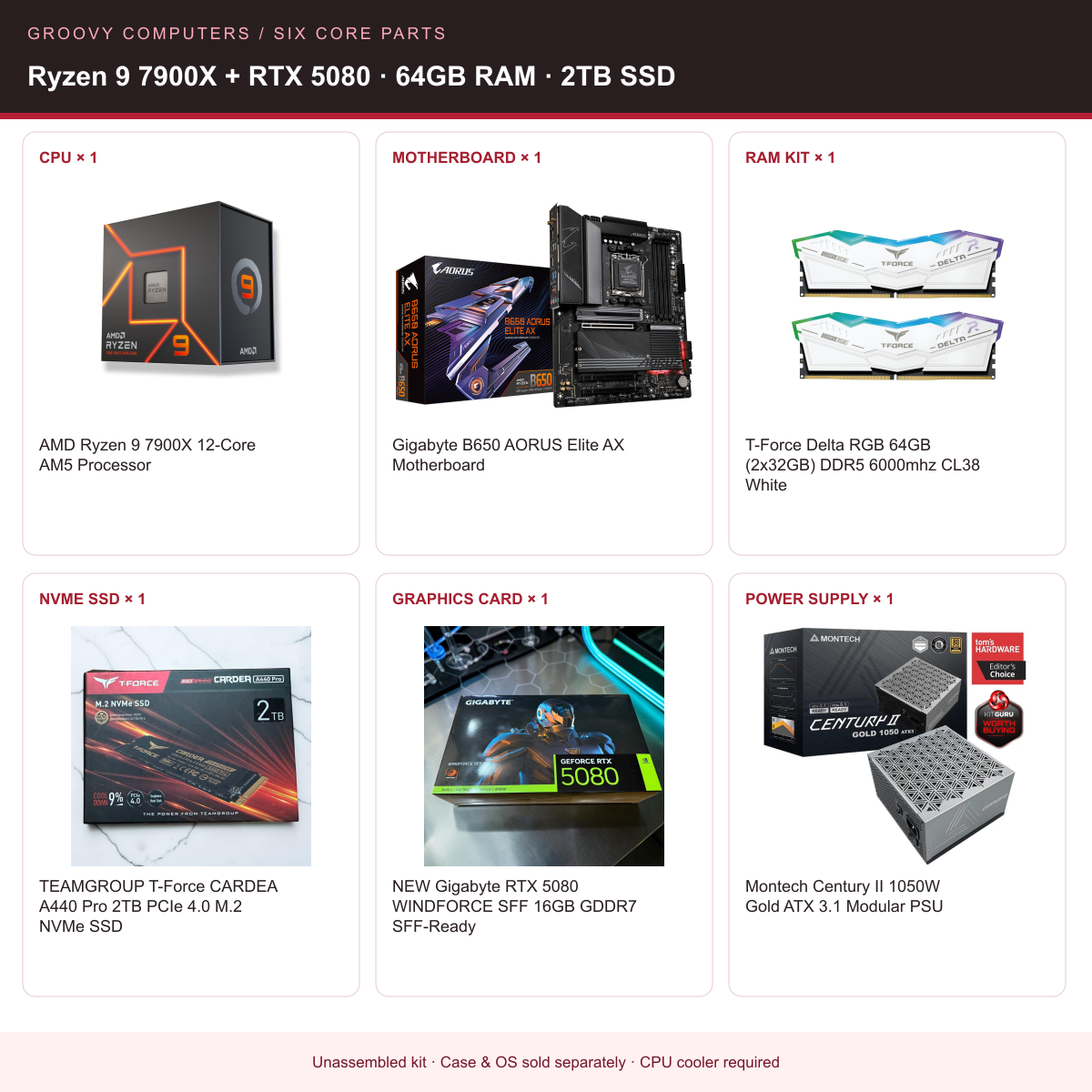 4K Editing & Motion Core Parts Bundle | Ryzen 9 7900X + RTX 5080 | 64GB RAM | 2TB SSD — all six included components
