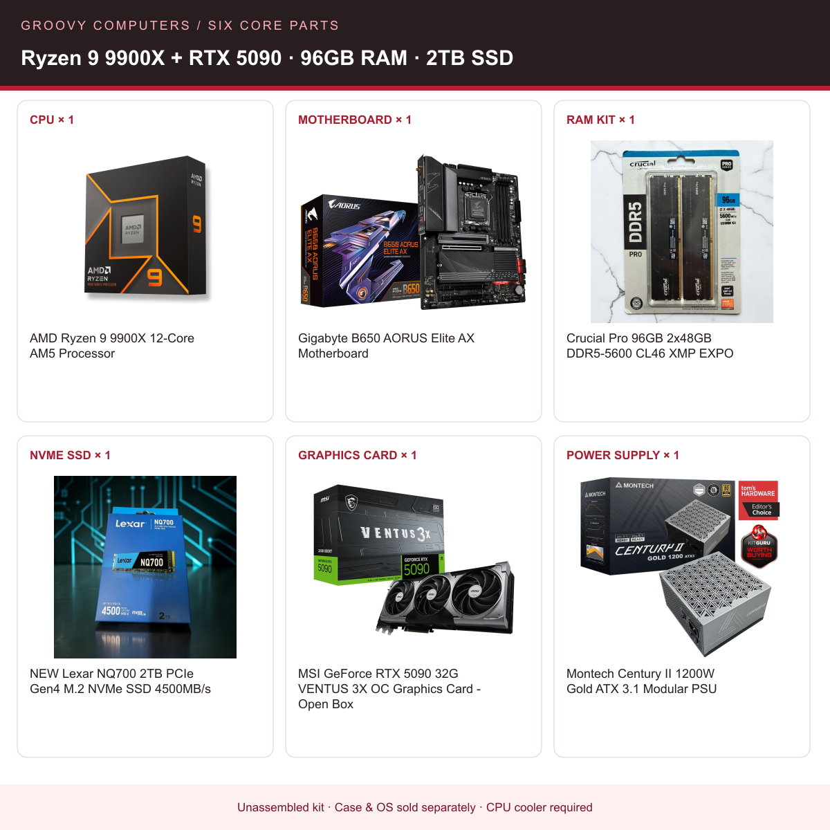 Local AI & Development Core Parts Bundle | Ryzen 9 9900X + RTX 5090 | 96GB RAM | 2TB SSD — all six included components