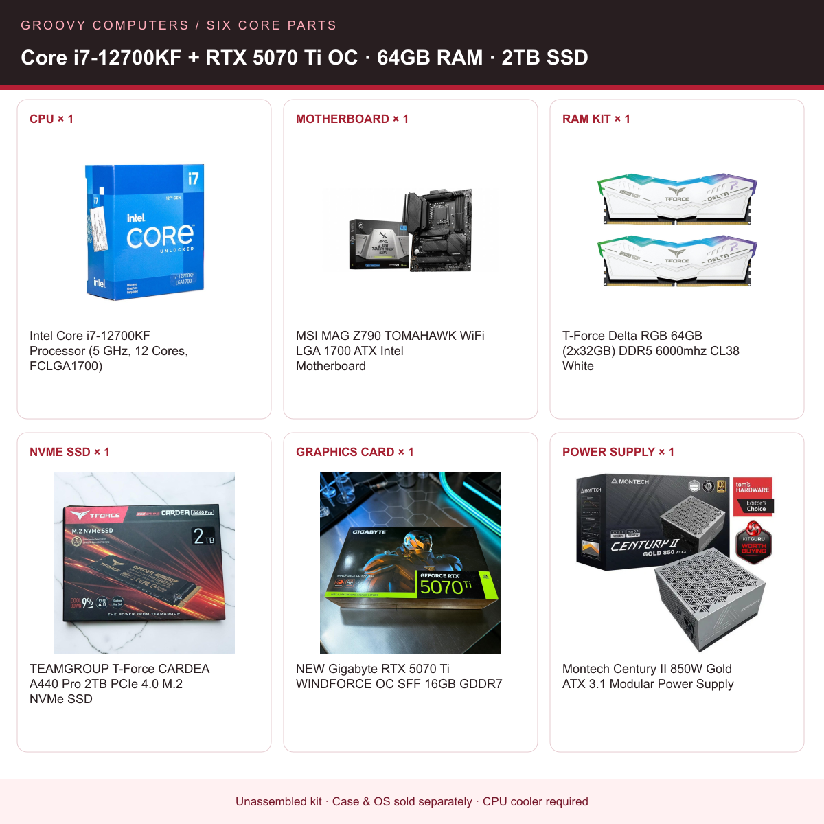 Editing & Studio Multitasking Core Parts Bundle | Core i7-12700KF + RTX 5070 Ti OC | 64GB RAM | 2TB SSD — all six included components