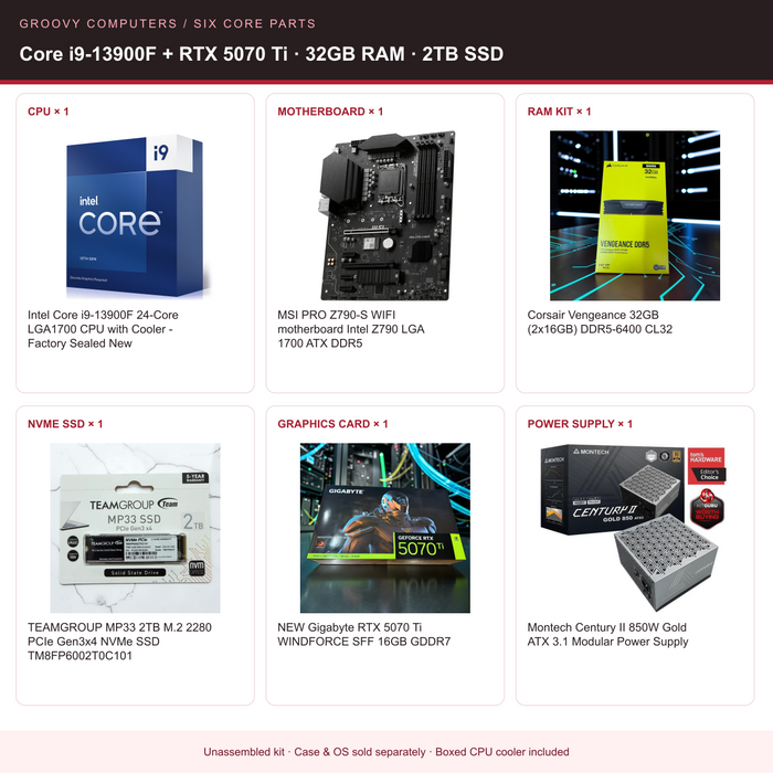 Video Editing & Productivity Core Parts Bundle | Core i9-13900F + RTX 5070 Ti | 32GB RAM | 2TB SSD — all six included components