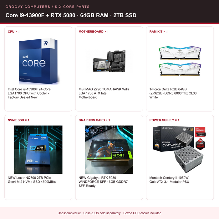 4K Studio & Rendering Core Parts Bundle | Core i9-13900F + RTX 5080 | 64GB RAM | 2TB SSD — all six included components