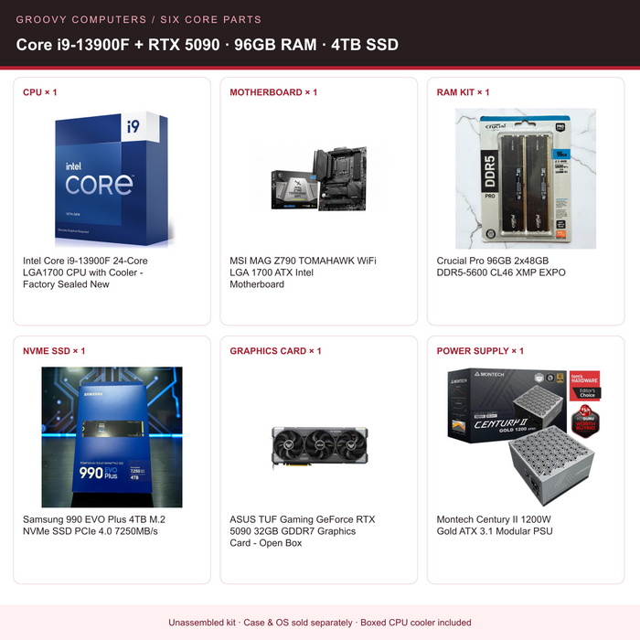 AI & Heavy Creative Work Core Parts Bundle | Core i9-13900F + RTX 5090 | 96GB RAM | 4TB SSD — all six included components