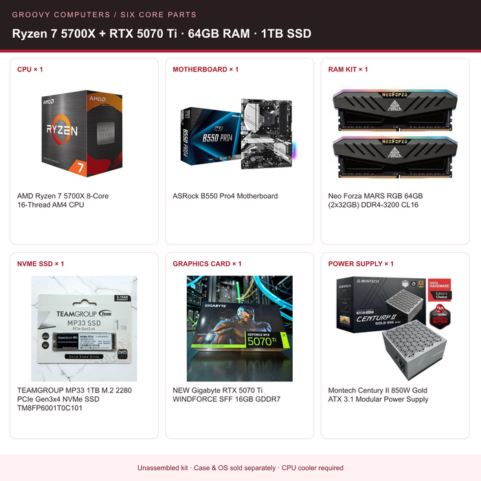 AM4 Streaming & Creator Core Parts Bundle | Ryzen 7 5700X + RTX 5070 Ti | 64GB RAM | 1TB SSD — all six included components