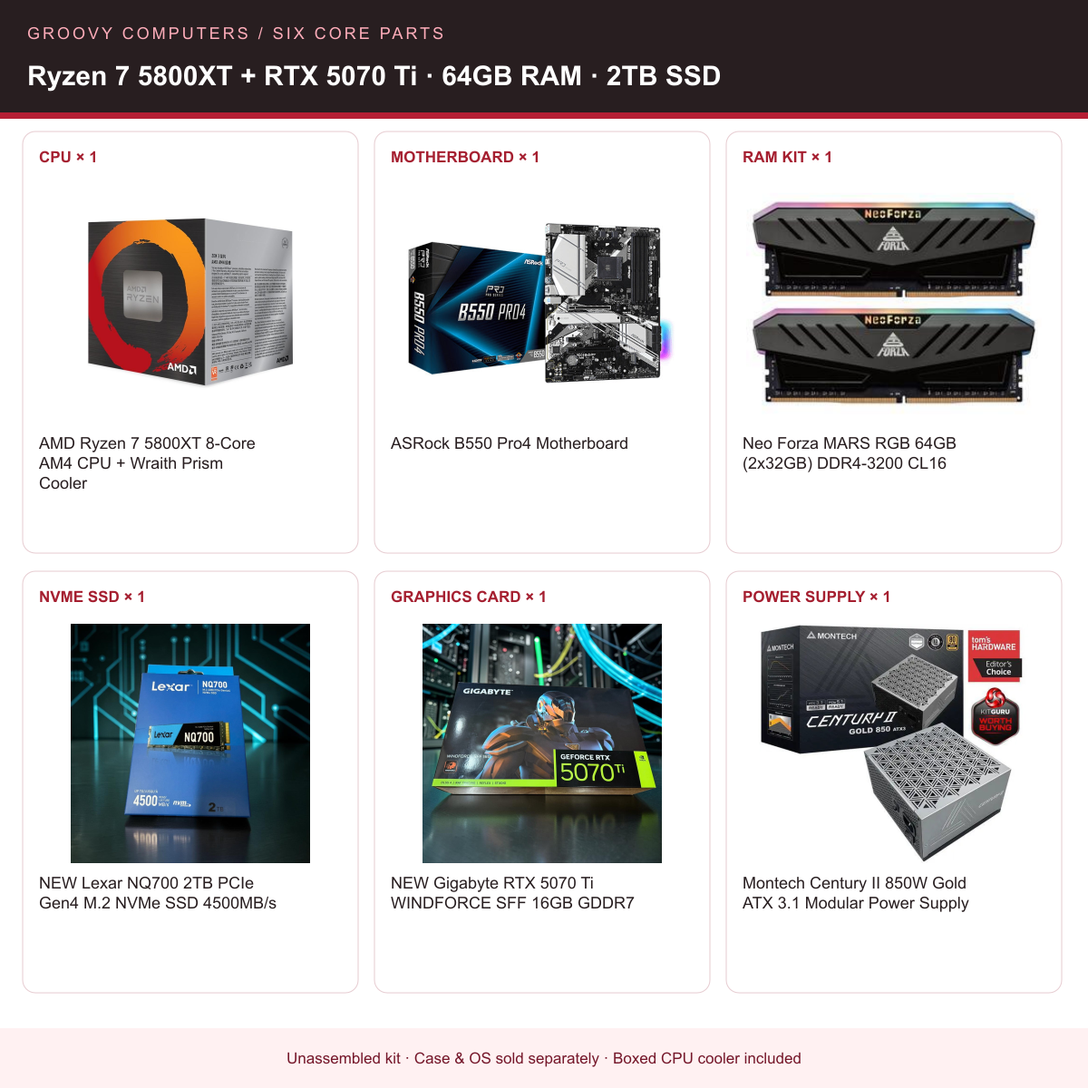 AM4 Creator with Prism Cooler Core Parts Bundle | Ryzen 7 5800XT + RTX 5070 Ti | 64GB RAM | 2TB SSD — all six included components