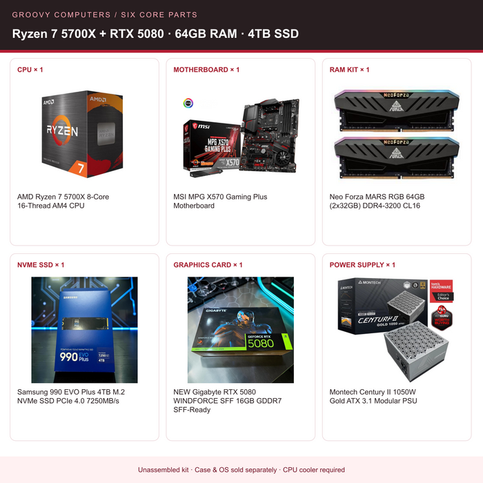 GPU Effects & Rendering Core Parts Bundle | Ryzen 7 5700X + RTX 5080 | 64GB RAM | 4TB SSD — all six included components